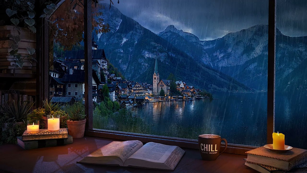 Hallstatt Rainy Study Room Ambience 🌧️ Cozy Lakeside View with Thunder Sounds for Focus & Relaxation
