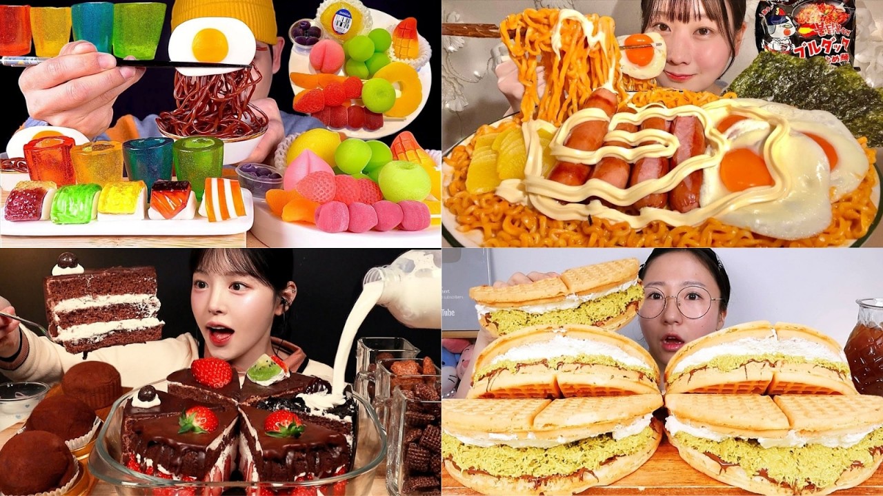 EXTREME COLORFUL & SPICY MUKBANG 🌈🔥 Giant Ramen, Chocolate Cake & Waffle Sandwich Feast!