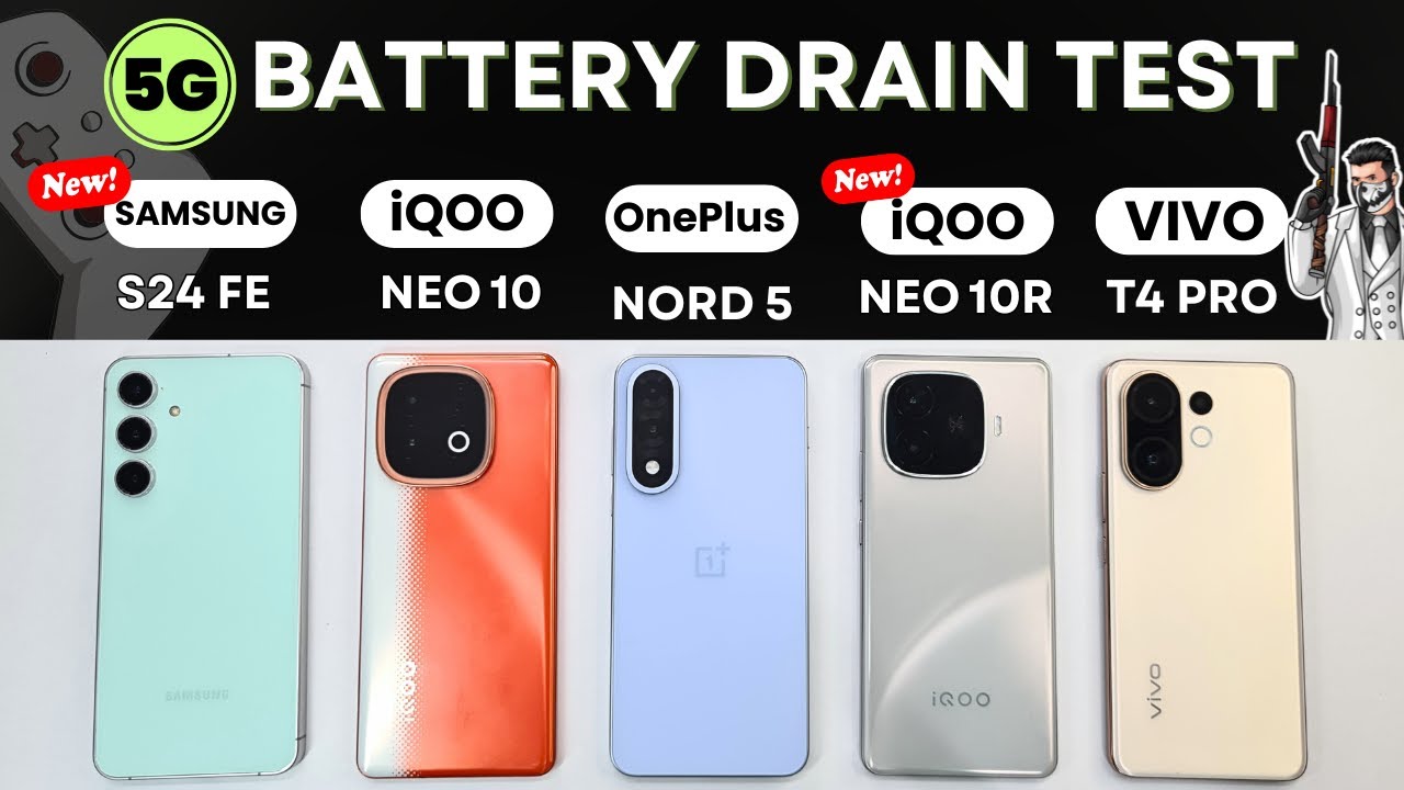 SAMSUNG S24 FE vs iQOO Neo 10 vs OnePlus NORD 5 vs iQOO Neo 10R vs T4 Pro: (5G) BATTERY Drain Test