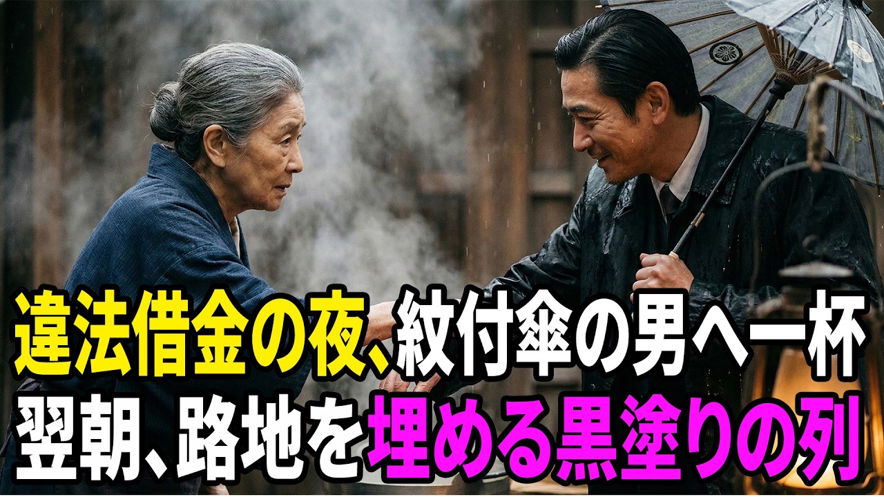 【感動する話】「金はいらねえ。」違法利息の借金で追い詰められた屋台そば婆。雨の夜、家紋入りの破れた紙油傘で猫を庇う刺青ヤクザが「財布忘れた」と入ってくる。婆は黙って一杯。翌朝…黒塗りが路地を埋めた。