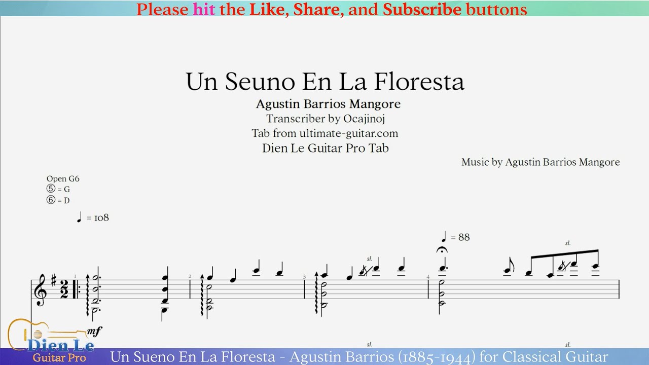 Un Sueno En La Floresta - Agustin Barrios (1885-1944) for Classical Guitar with TABs