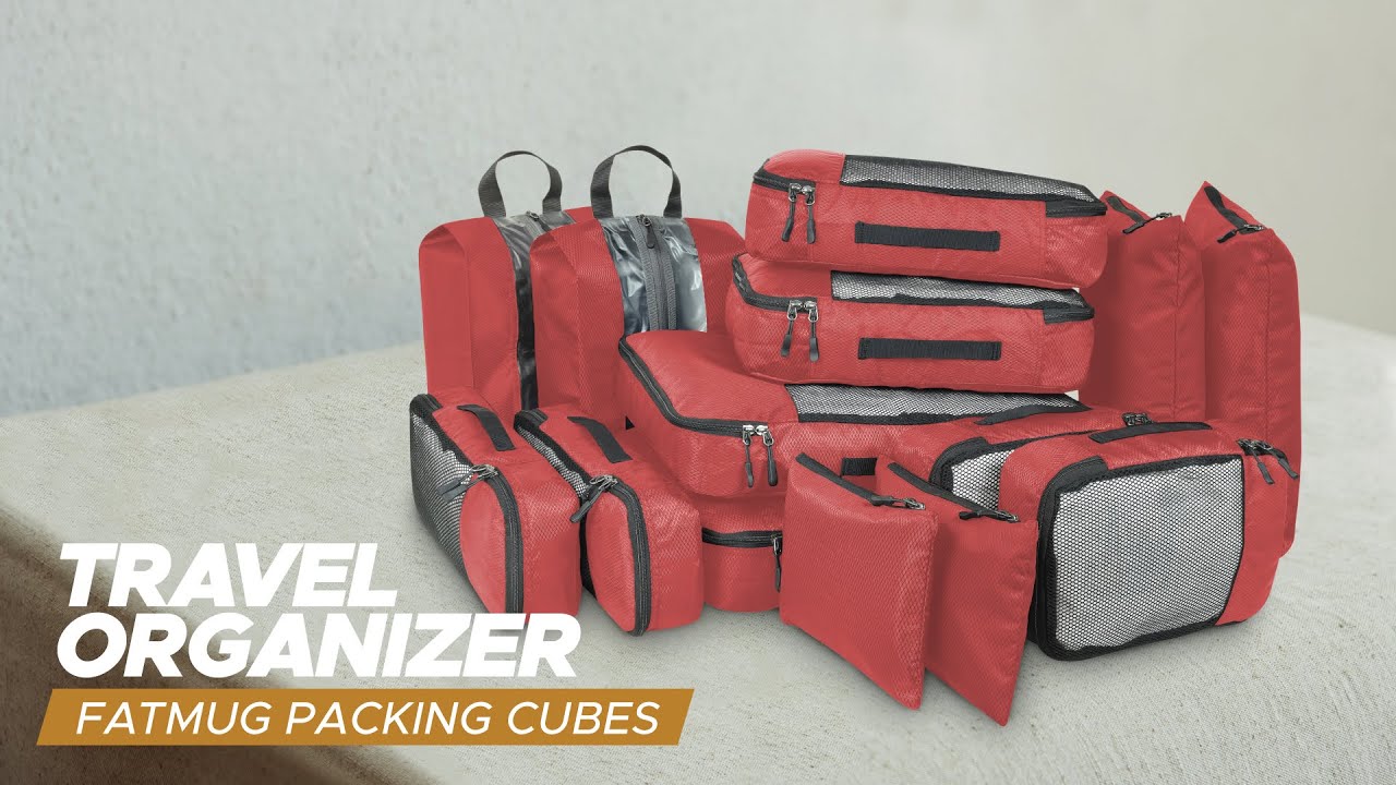 FATMUG Packing Cubes Travel Bag Organiser Set of 14(2L, 2M, 2S,2Slim, 2 Shoe & 4 Laundry Pouch)-Red