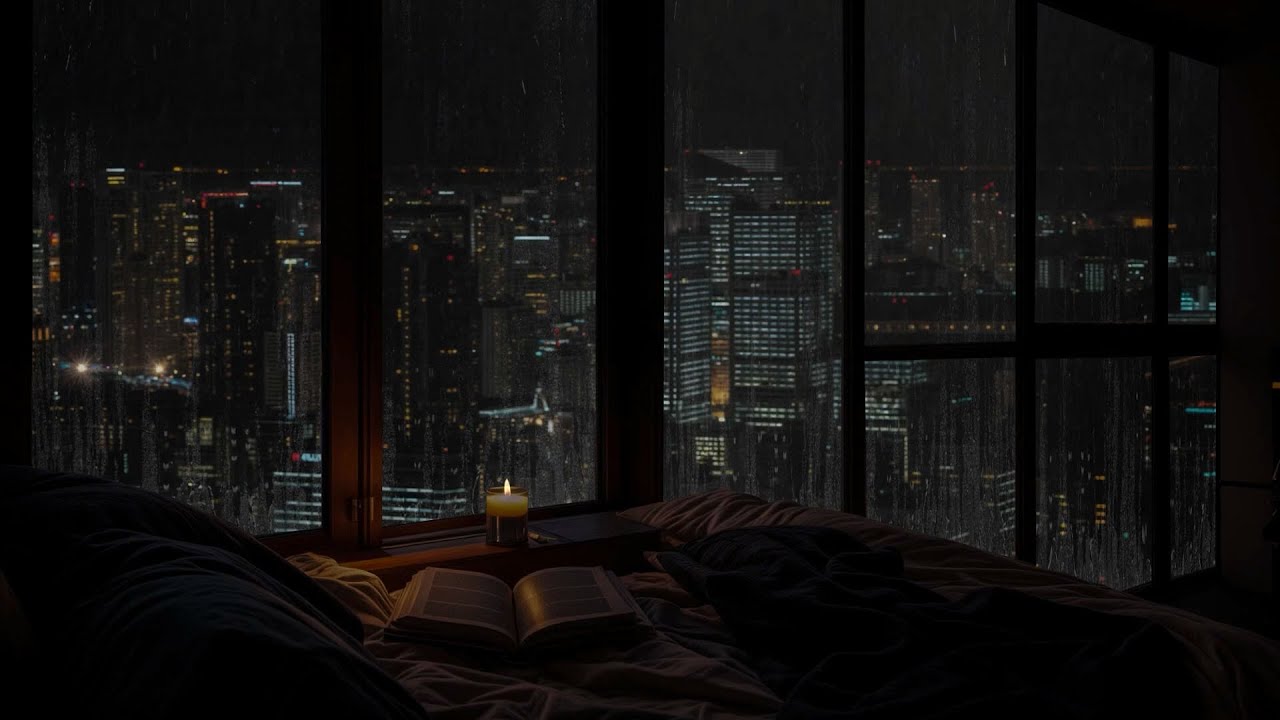 (No Ads)☔Rainy Night in a Luxury NYC Apartment  City Lights & Bedroom Ambience for Sleep & Relax