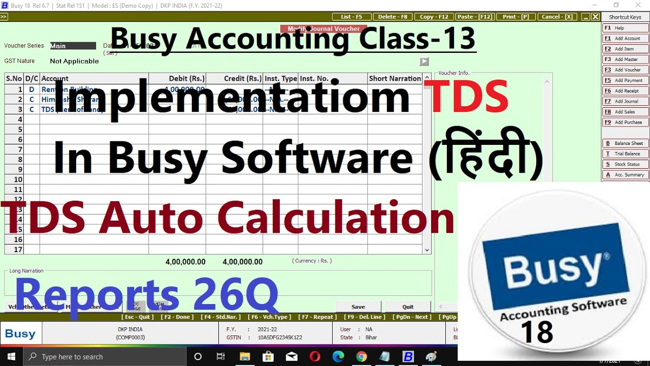 #13 Implementation of TDS in BUSY (Hindi) | Tax deducted at Source Auto Calculation in Busy Software