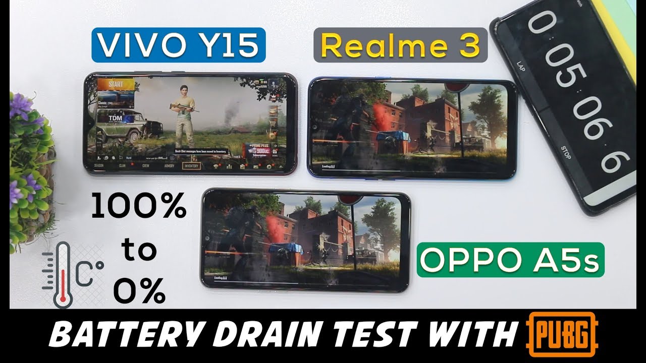 Battery Drain Test | Vivo Y15 vs Realme 3 vs Oppo A5s | 100% to 0% with #PUBG | #Heat Test