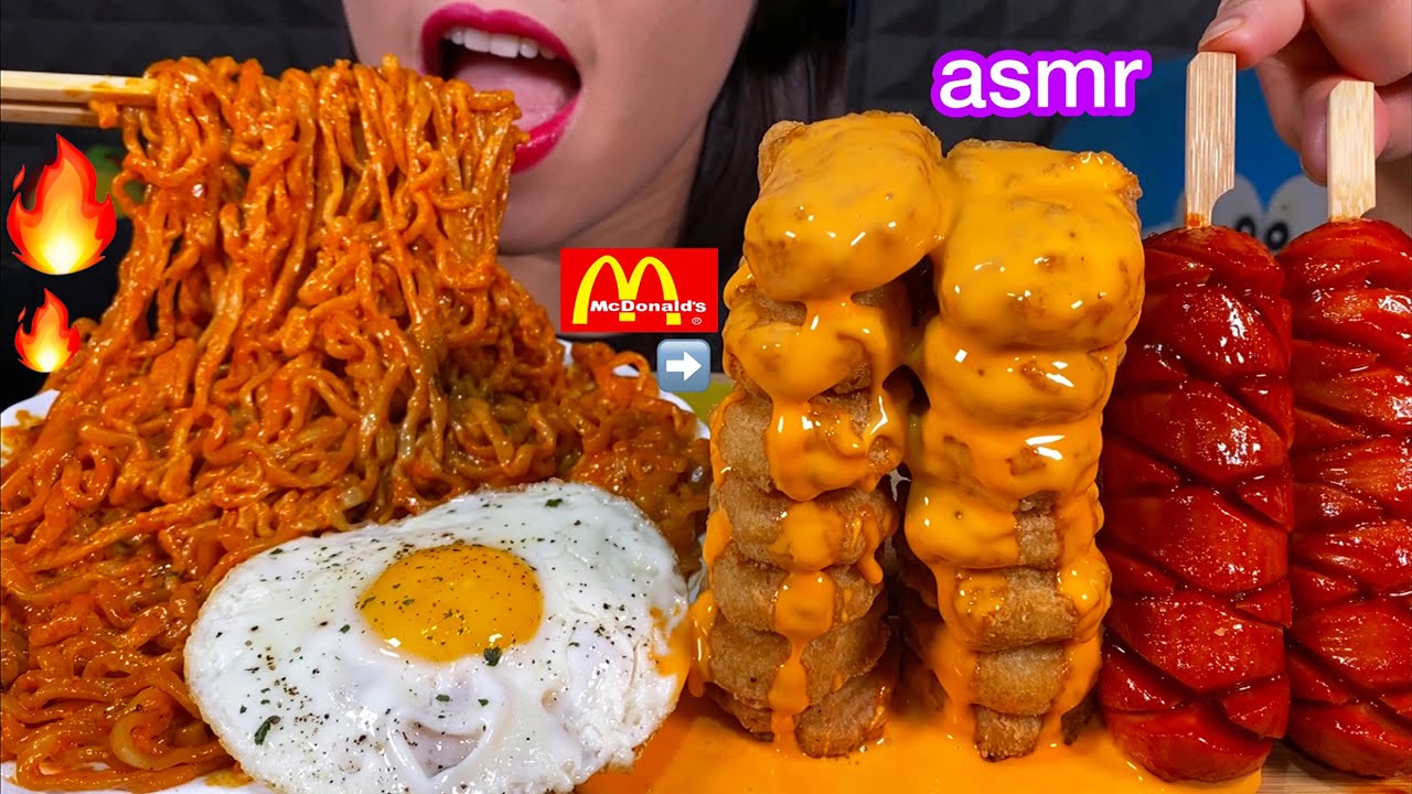 ASMR CREAMY CARBO FIRE NOODLES, CHEESY CHICKEN NUGGET, SPICY SAUSAGE MASSIVE Eating Sounds