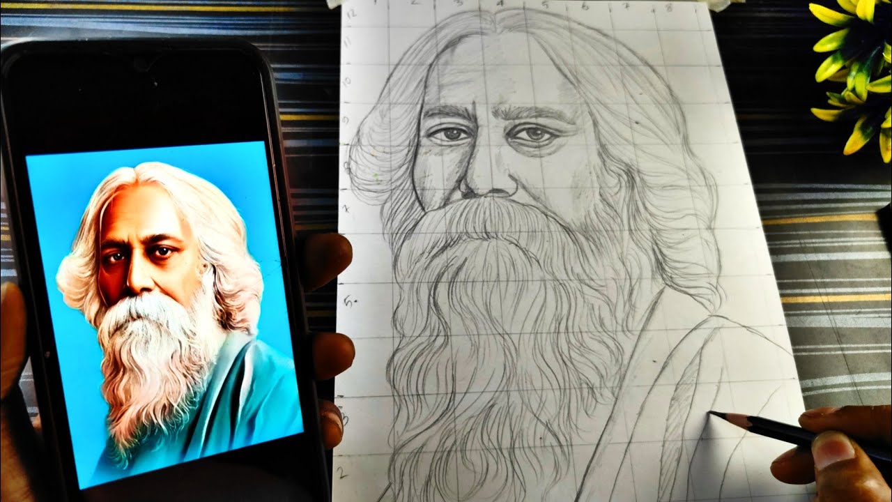 Rabindranath Tagore Drawing Outline, How to draw Rabindranath Tagore, Pencil drawing step by step
