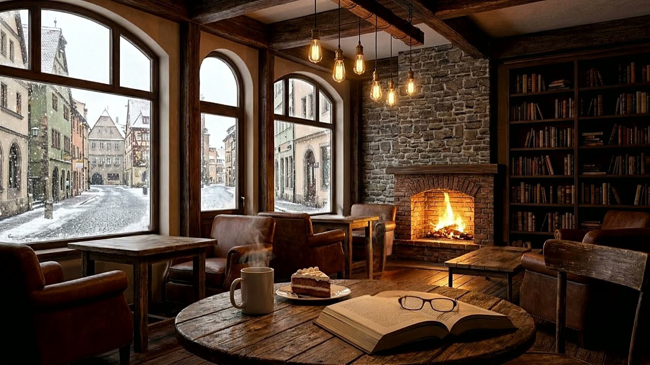 Атмосфера зимней кофейни ❄️ Джазовая музыка и камин располагают к отдыху или учебе.
