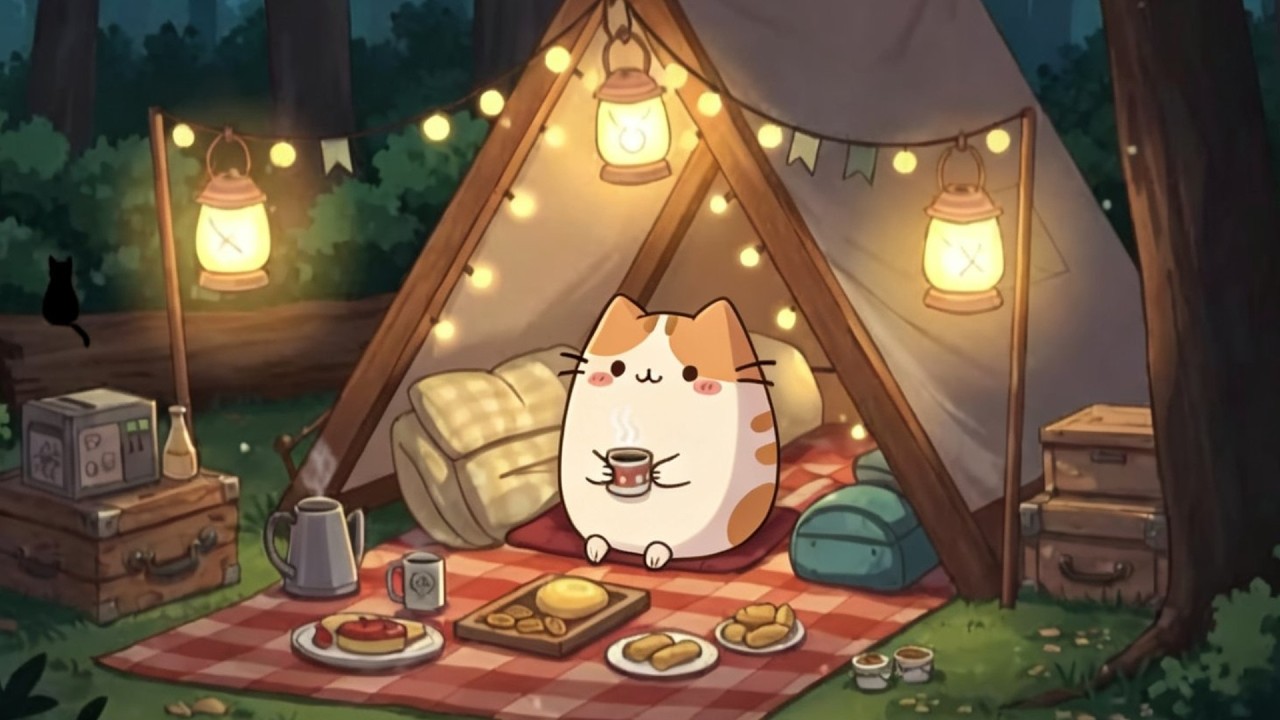 Chill Forest Camping Night Pusheen's the Cat 🏕️ Lofi Cat Music 🌙 Chill Beats for Relax & Sleep