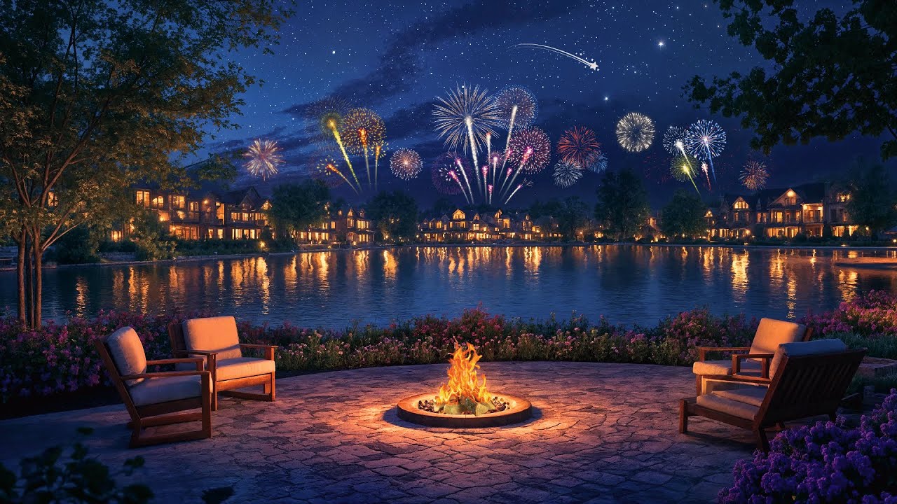 🎇Ultimate New Year&rsquo;s Eve Ambience: Calm Lakeside Night with Crackling Fire and Fireworks Celebration