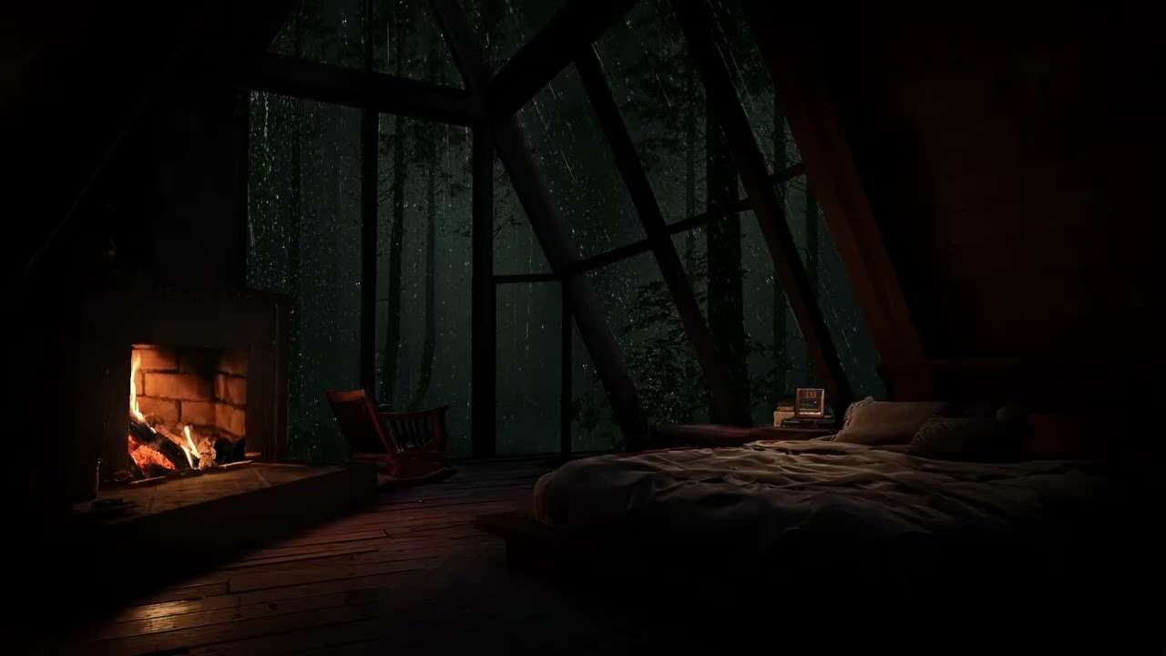 Gentle Rain Moving Through the Forest While a Small Cabin Rests in Warm Silence