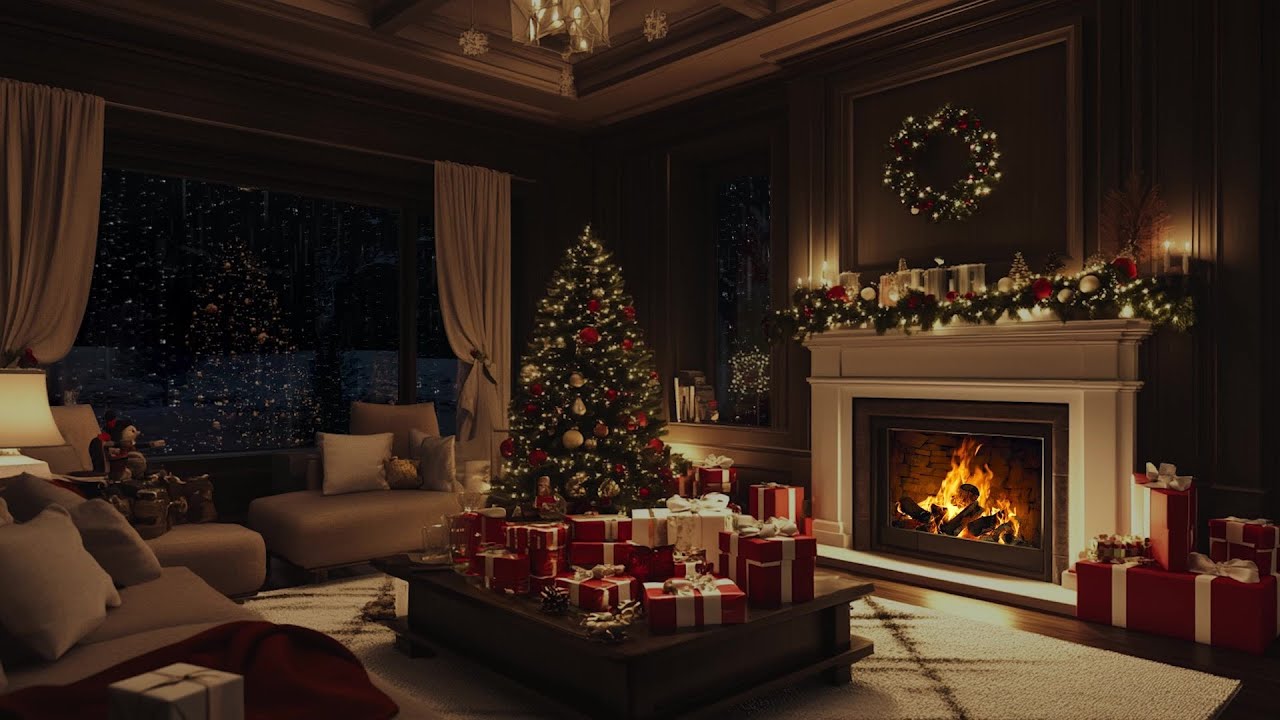 Instrumental Christmas Rain with Cracking Fireplace - Cozy Christmas Ambience
