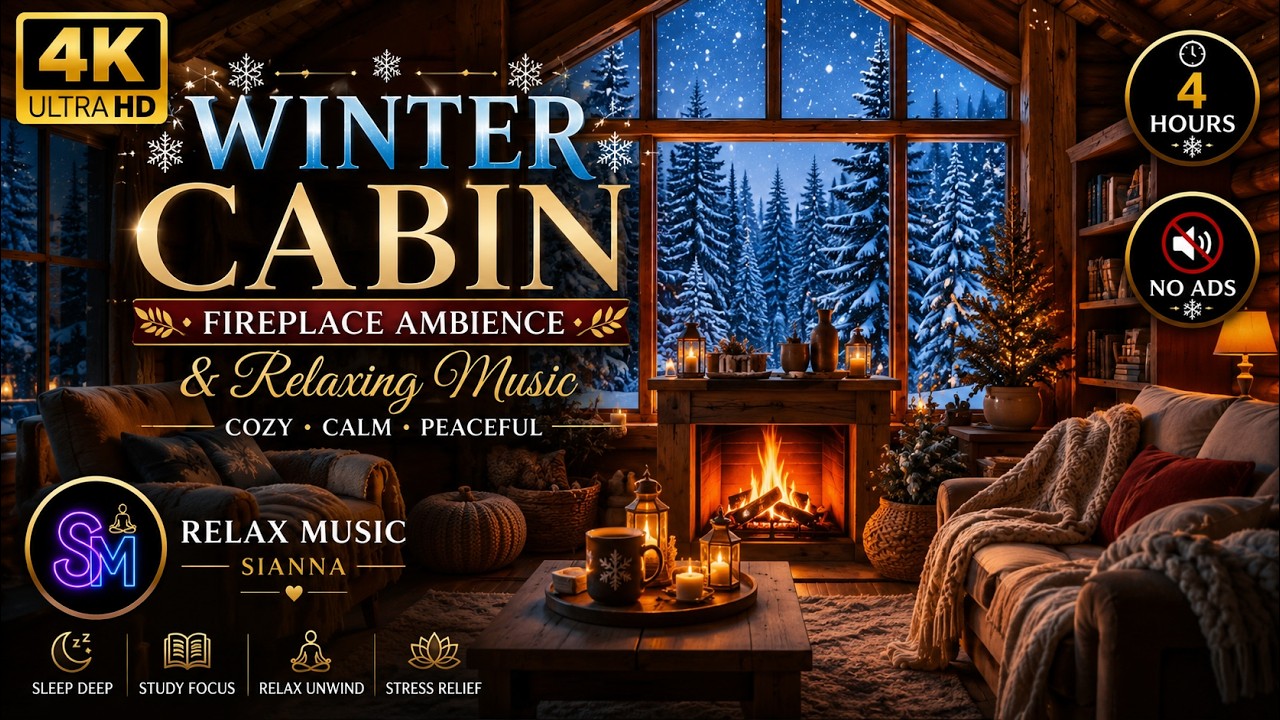 4K Winter Cabin Ambience with Fireplace & Relaxing Music | Cozy, Calm & Peaceful