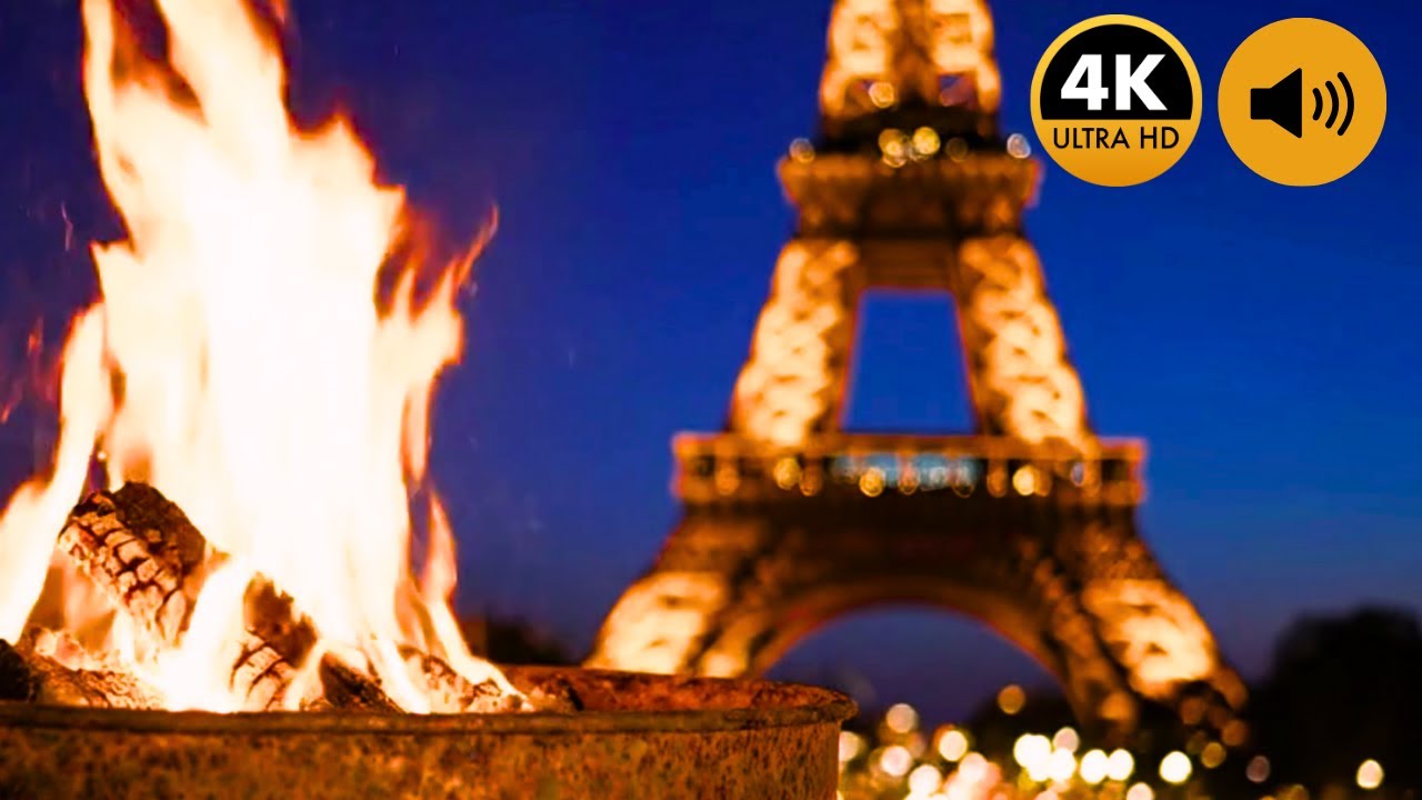 Bonfire with Eiffel Tower View 4K Crackling Fire Sounds (No Music) | Romantic Paris Night