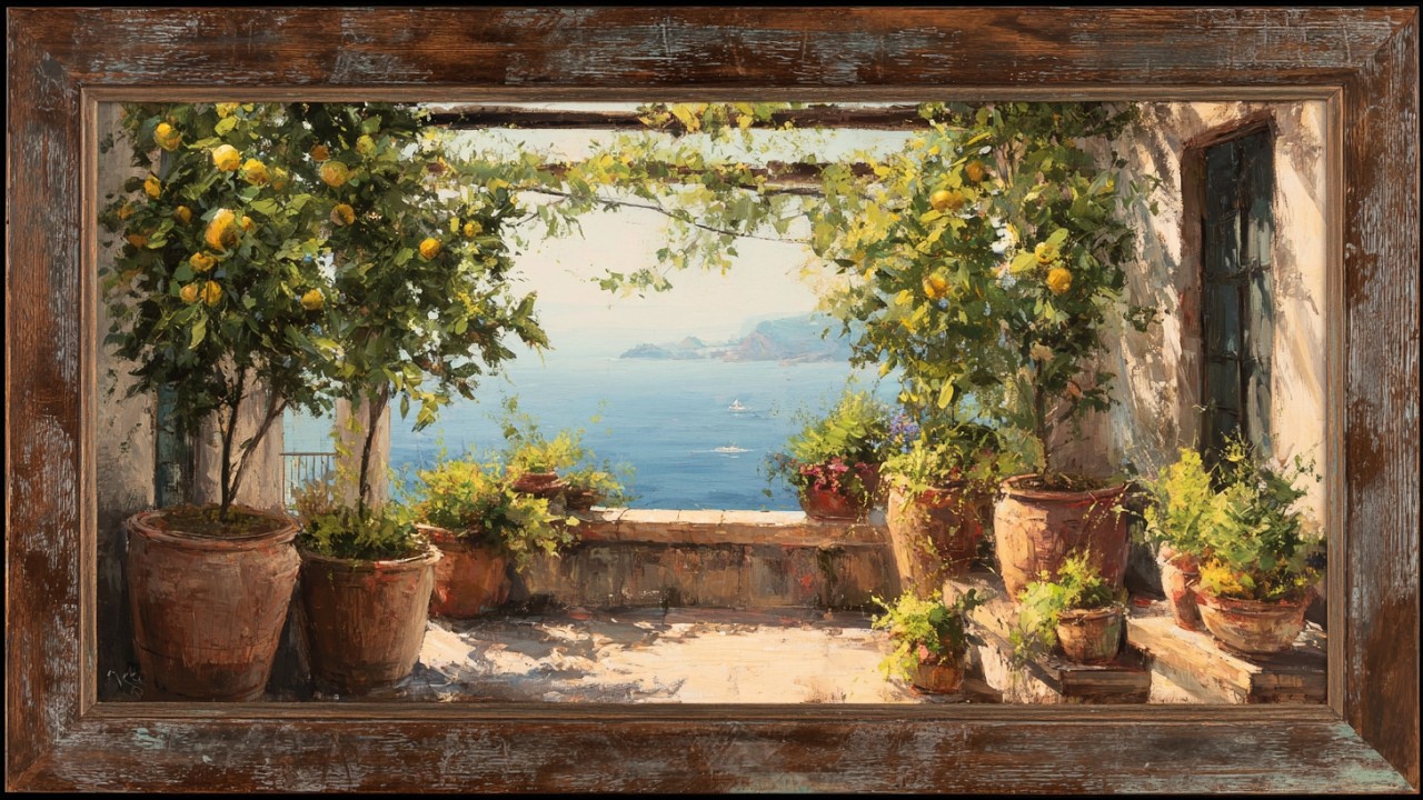 Mediterranean Terrace with Lemon Trees | Romantic Coastal Sunset Painting | Frame TV Art Screensaver
