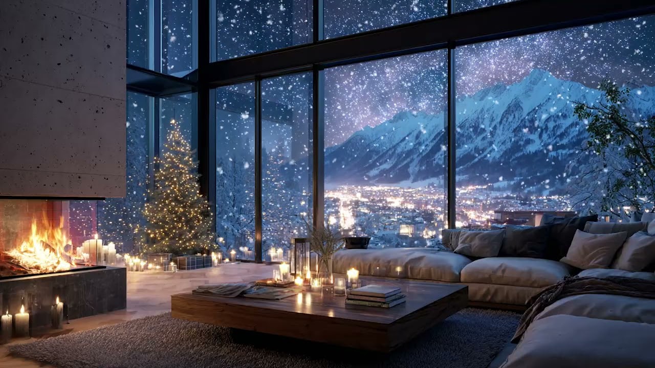 Winter Cabin Night with Soft Piano | Firelight Glow and Snow Storm Ambience