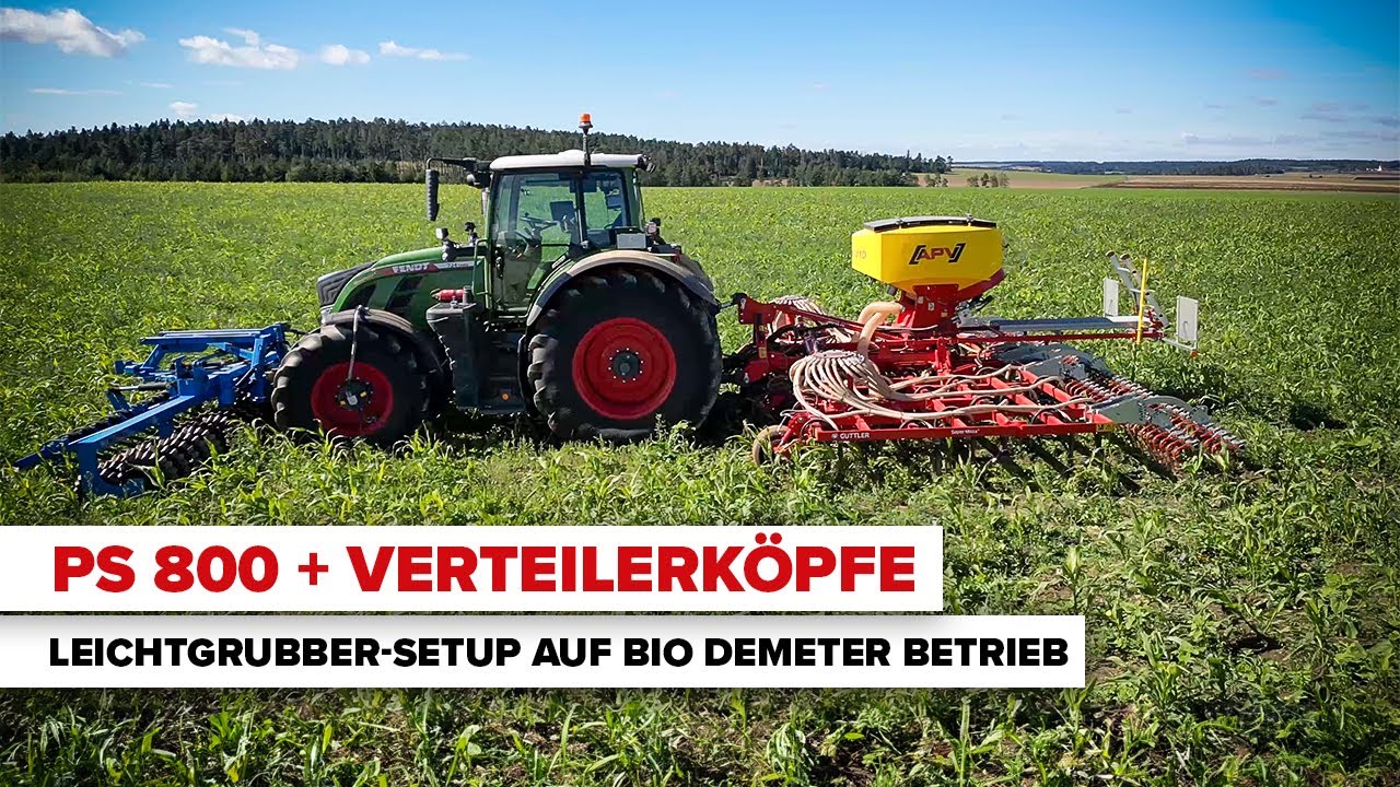 Begrünung mit Leichtgrubber + aufgebautem Pneumatischen Sägerät und Verteilerköpfen von APV