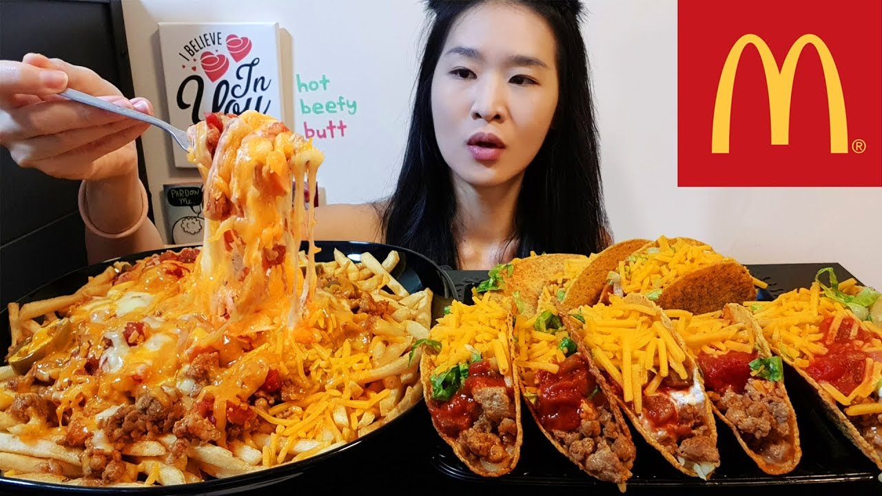 McDonald's Super Cheesy Loaded Fries & Crunchy Tacos w Pork! Cheese Fries & Taco Recipe Mukbang Asmr