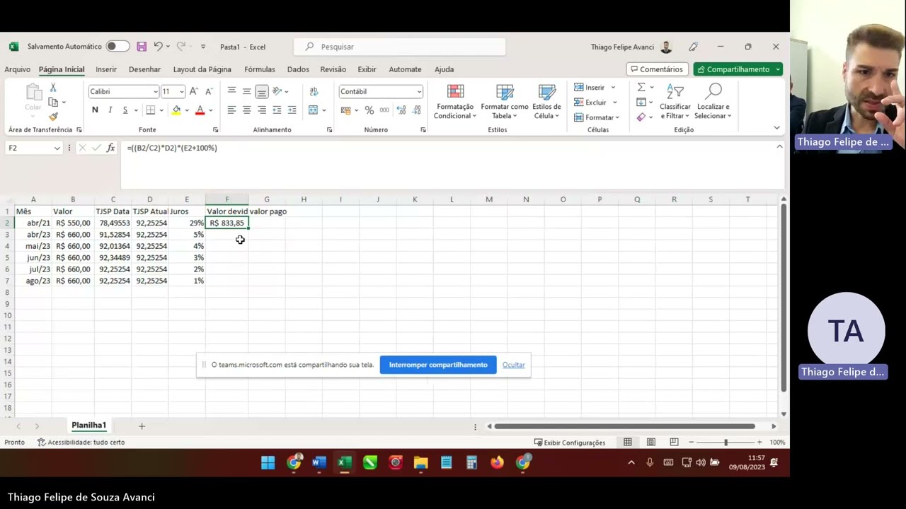 Atualização monetária (TJSP) e juros pelo EXCEL