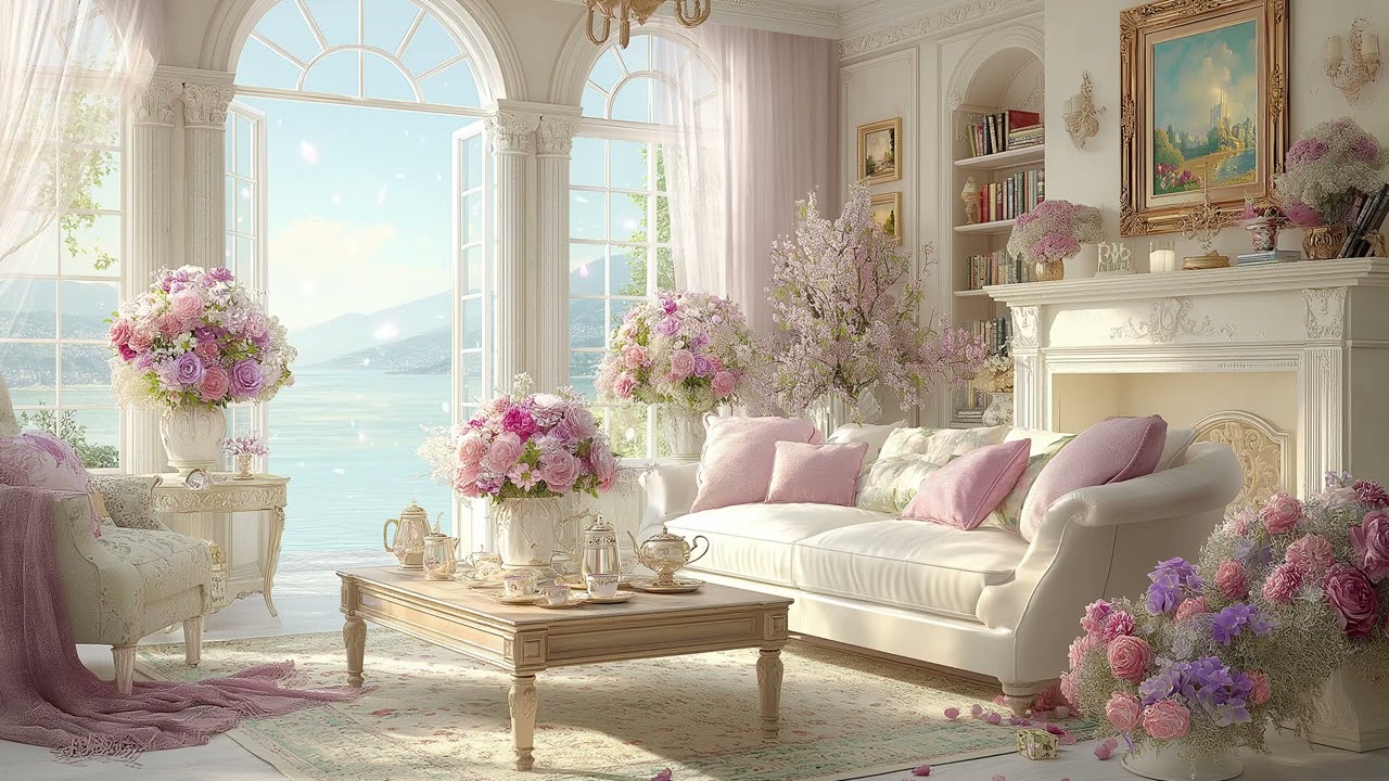 🤍🎶 Spring Sakura Piano Lounge | Elegant White Room with Blossom View | 3 Hours Piano for Focus Relax