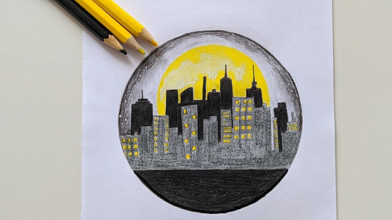 Como desenhar CIDADE À NOITE dentro do círculo. Paisagem com Lápis de Cor