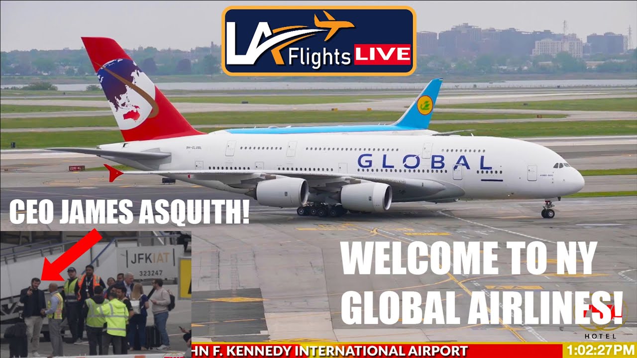 GLOBAL AIRLINES A380 Inaugural Landing at JFk!