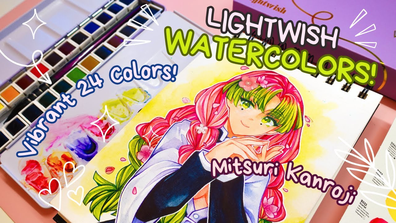 Painting MITSURI KANROJI from DEMON SLAYER with LIGHTWISH watercolors! 🌸 Lightwish 24 colors review