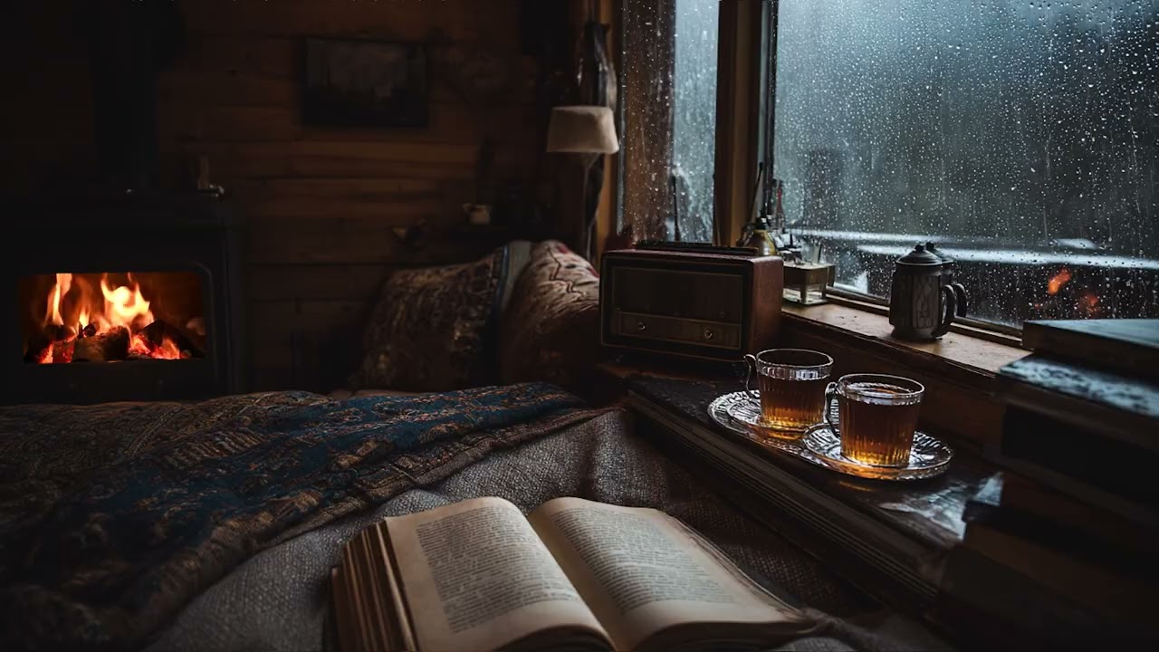 Rainy Midnight in a Mountain Cabin 🌧️🔥 Fireplace Ambience for Deep Sleep, Relief Stress