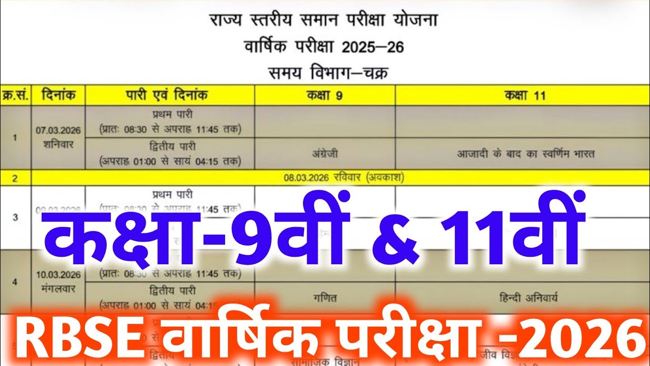 राजस्थान वार्षिक कक्षा-9वीं & 11वीं टाइम टेबल जारी 2026 // rbse varshik 9th & 11th time table 