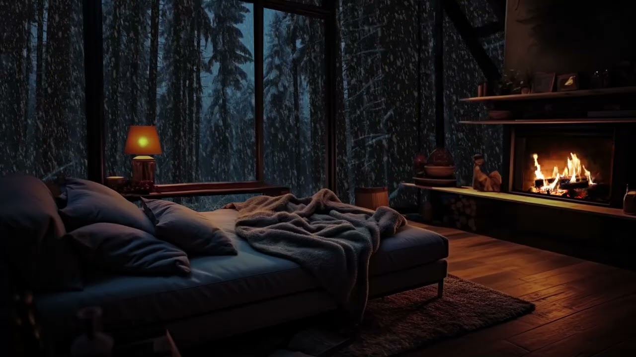 Bequem und warm in einem warmen Bett an einem Wintertag | Entspannendes Kamingeräusch