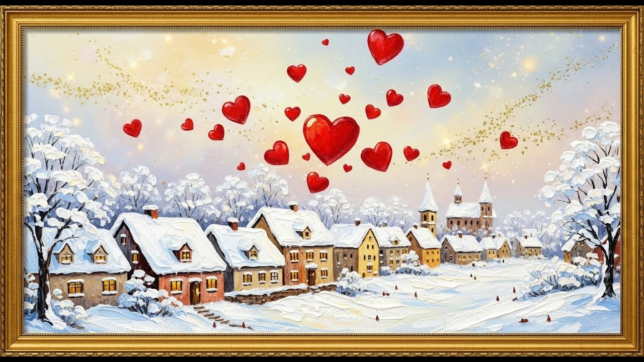 Frame TV Art With Music: Romantic Snow Village Oil Painting | Background | Love & Hearts Impasto Art
