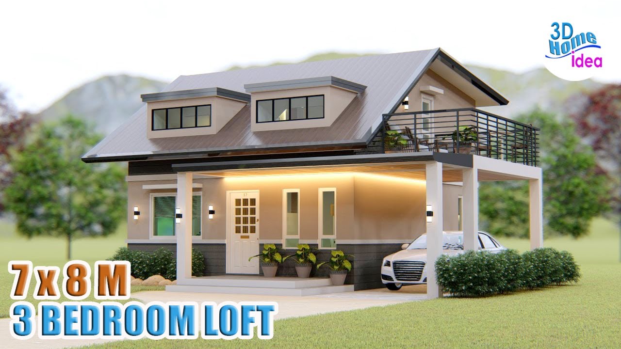 3 BEDROOM Loft Type House Design Idea | 7 x 8 Meters Small House