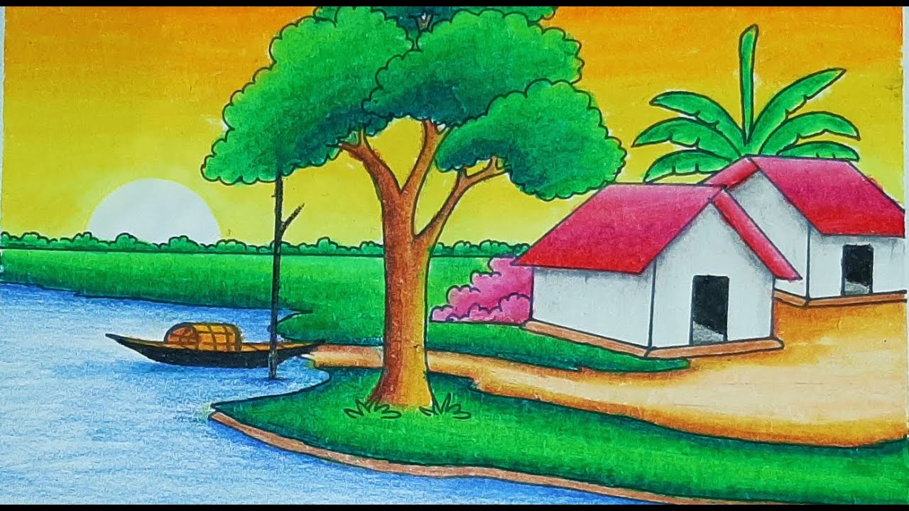 How To Draw Easy Scenery | Drawing Sunset scenery with Beautiful Landscape