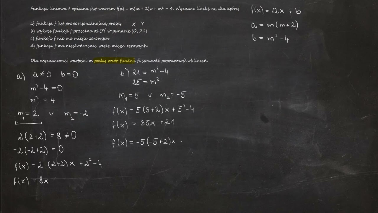4.33. Funkcja liniowa ƒ opisana jest wzorem f(x) = m(m + 2)x + m² – 4. Wyznacz liczbę m, dla której