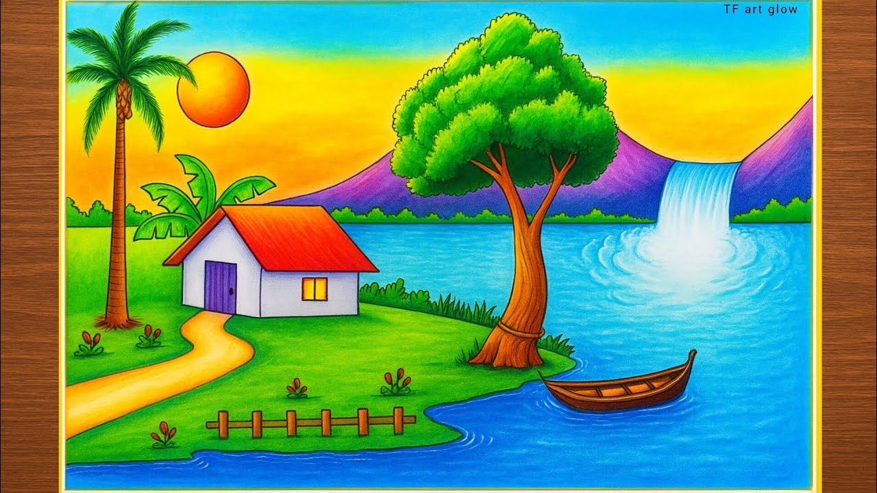 Simple village scenery drawing painting easy | Mountain waterfall river scenery drawing 