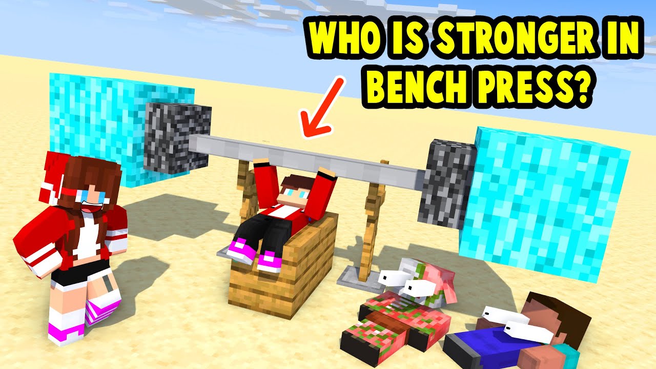 Monsters & Herobrine JJ and Mikey : WHO IS STRONGER IN BENCH PRESS - Maizen Minecraft Animation