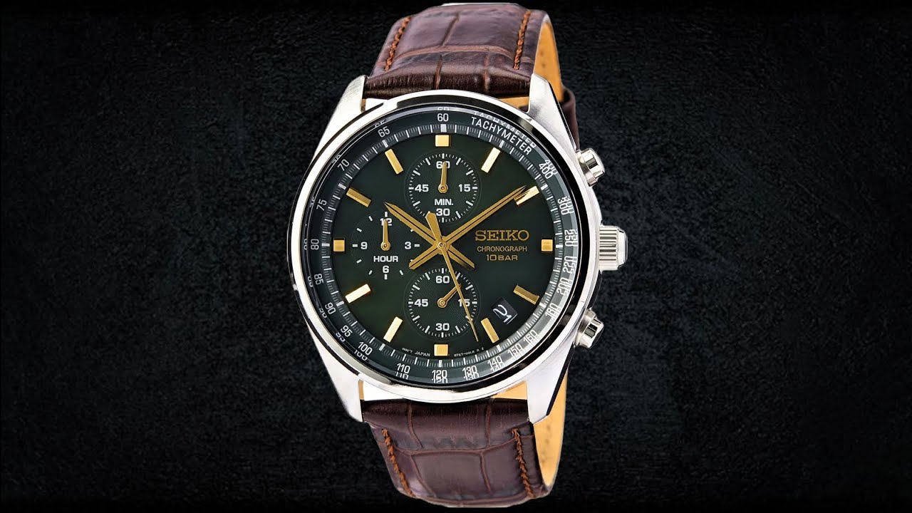Seiko Chronograph Analog Green Dial Leather Men's Watch