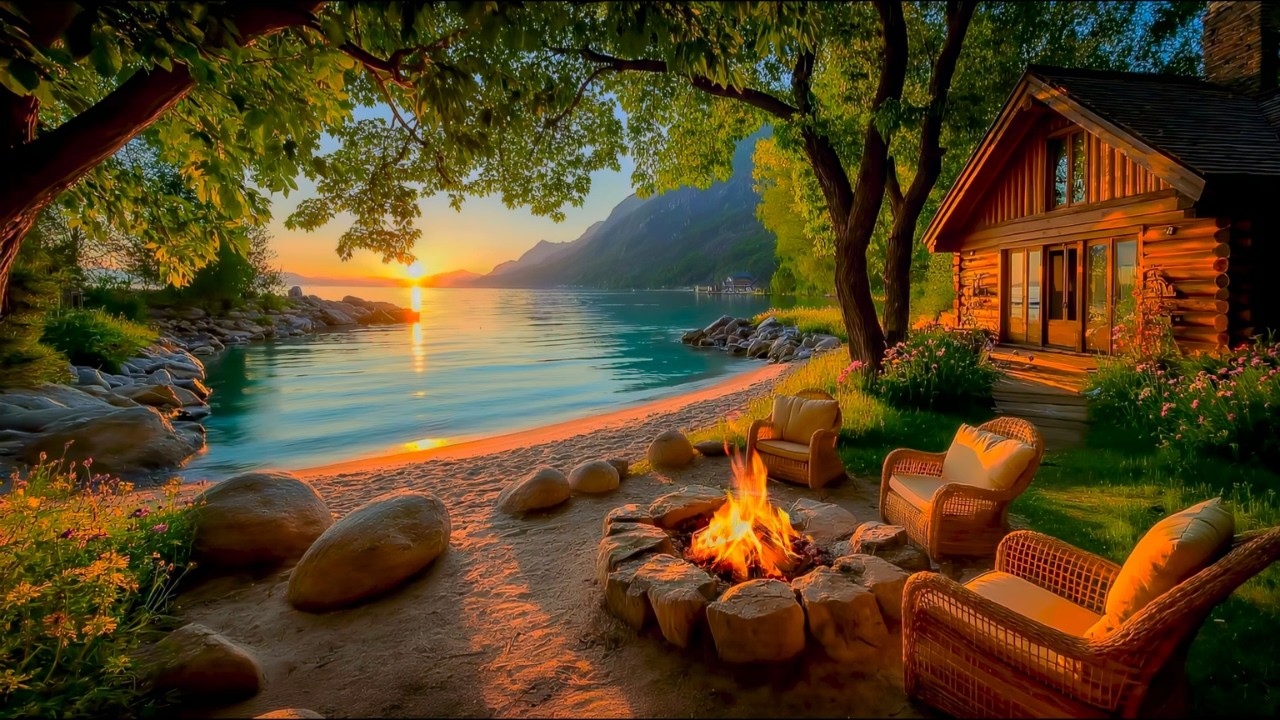 Cabin Campfire 🔥by Serene Calm Lake for relaxation | Gentle Fire, Calm Water, Sunset Birds