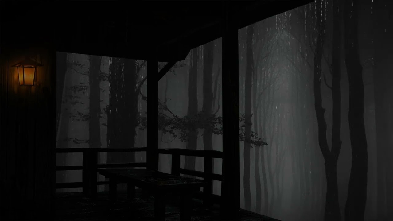 Noite chuvosa na varanda de uma cabana | Ambiente de floresta escura para sono profundo