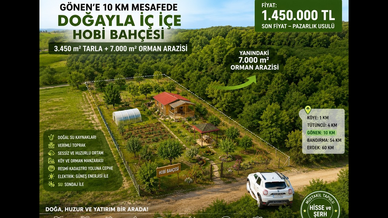 3.450 m² SATILIK TARLA HOBİ BAHÇESİ & YATIRIMLIK GÖNENE 10 KM