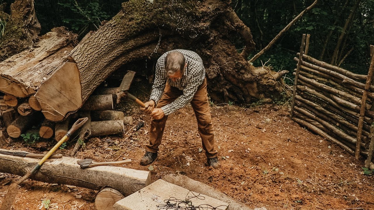 Tree Root Bushcraft Camp: Building a  Survival shelter | Perimeter Walls | Kitchen