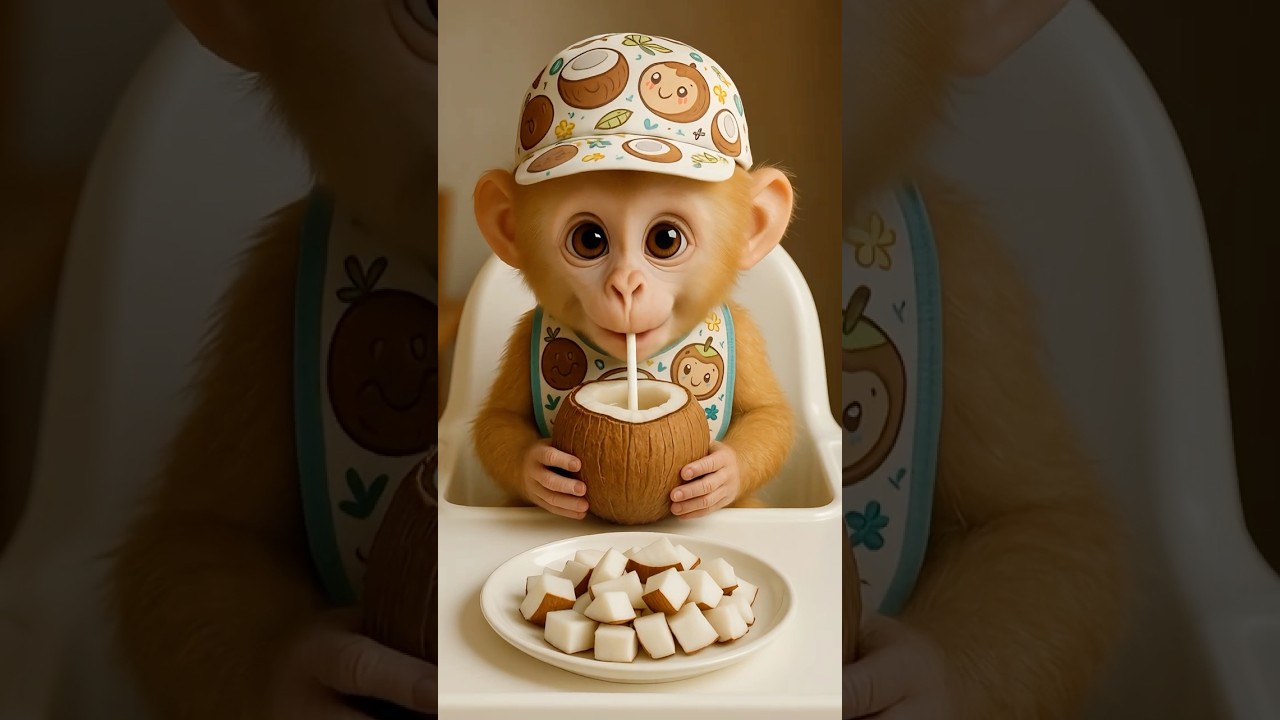 Baby Monkey Drinks Coconut Water for the First Time 🥥🐒 So Cute! #shorts