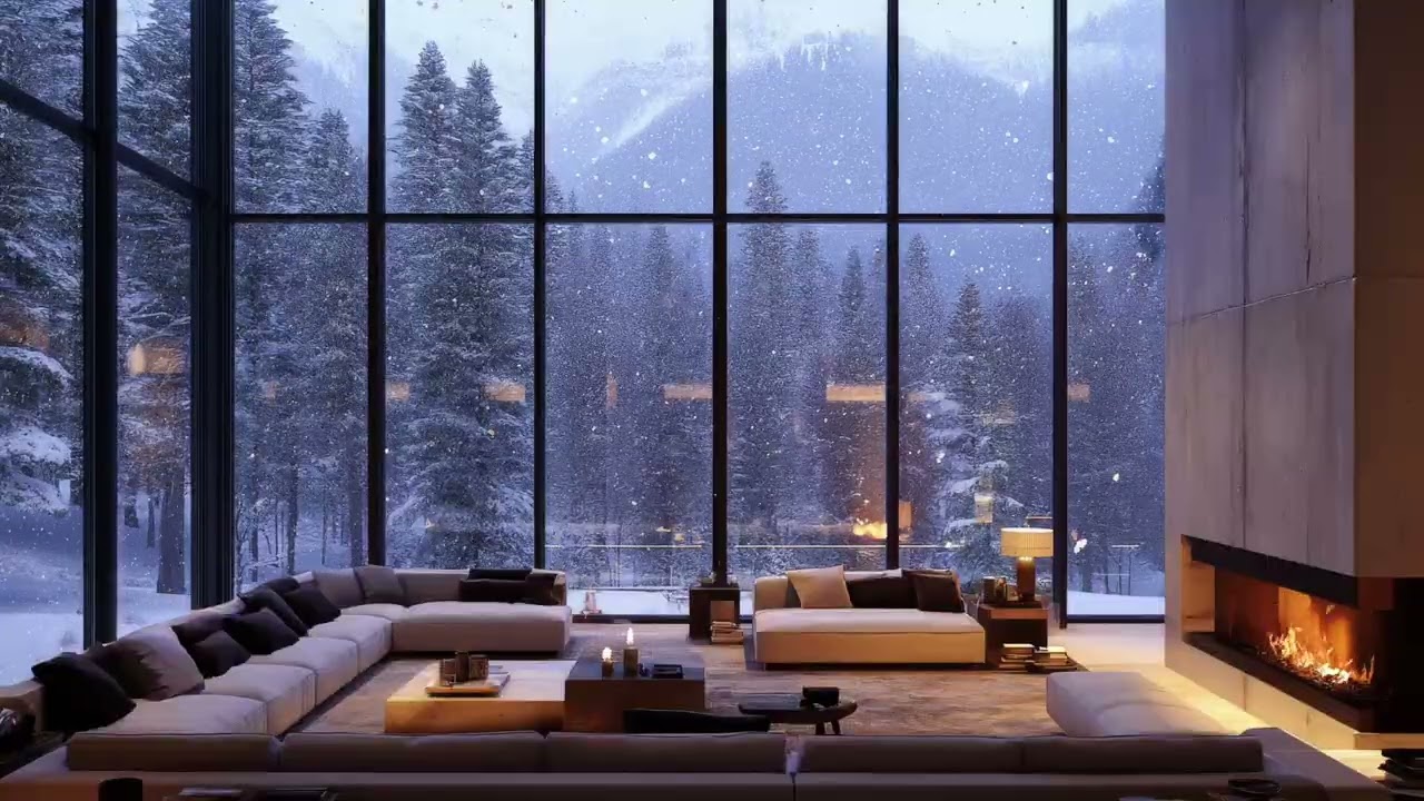 Cozy Fireplace with Snowstorm & Wind Sounds | 5 Hours Winter Cabin Ambience