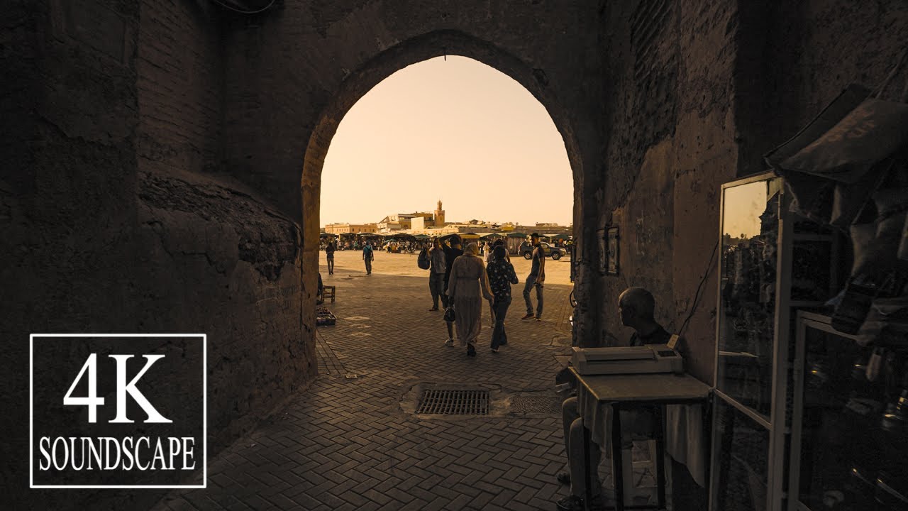 Bustling Binaural Old Market Walk in Morocco | Jemaa el-Fnaa, Marrakech | 4K SOUNDSCAPE