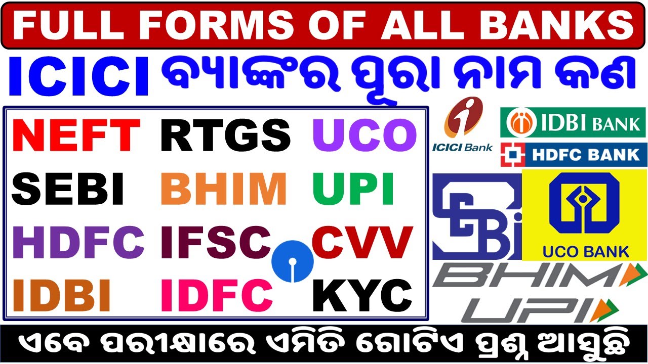 Full Forms of All Banks/Abbreviations of Banking Terms/Important MCQ For OSSC & OSSSC Exams/PEO,CGL