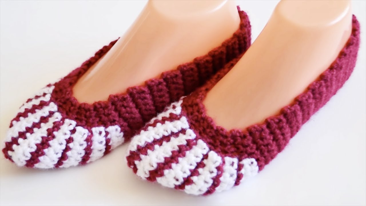 条纹鞋袜船袜子钩针教程 One Hour Crochet Striped Slippers Socks Tutorial - Winter Crochet 可以在家单穿，也可以加个底变成地板鞋 ~~~