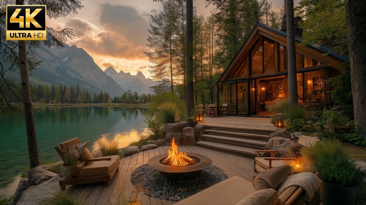A Quiet Morning by the Lake | 4K Fire Glow, Still Water , Birds &  Nature Sounds For Relaxation