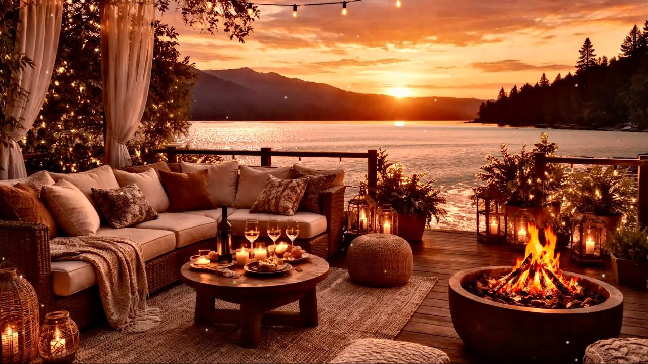 🌅 Sunset Veranda Lakeview  🎷 Smooth Jazz, Waves, & Bonfire Sounds 🔥 Cozy Ambience