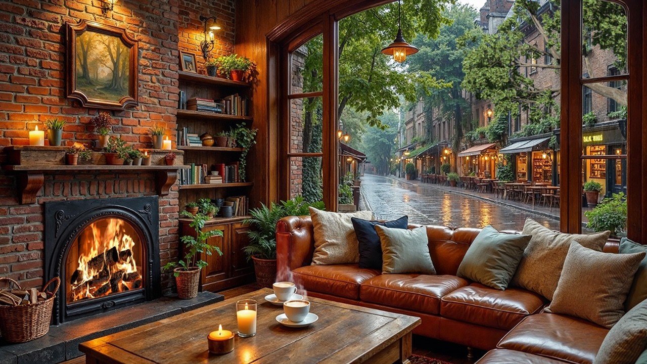 Cozy Rain at the Window Café ☕ Smooth Jazz Piano & Crackling Fireplace for Work & Focus