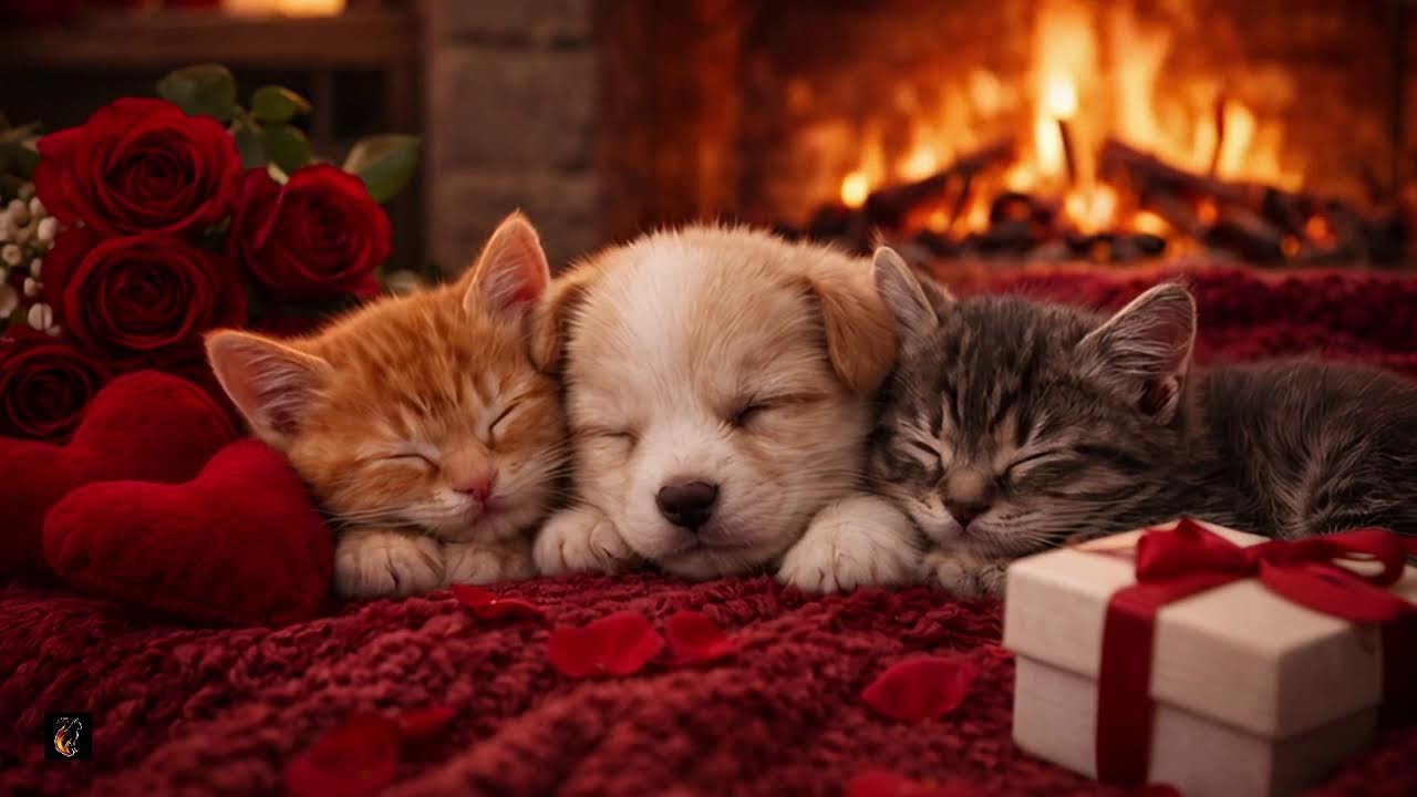 ❤️ Cozy Valentine Fireplace with Sleeping Puppies & Kittens 🔥
